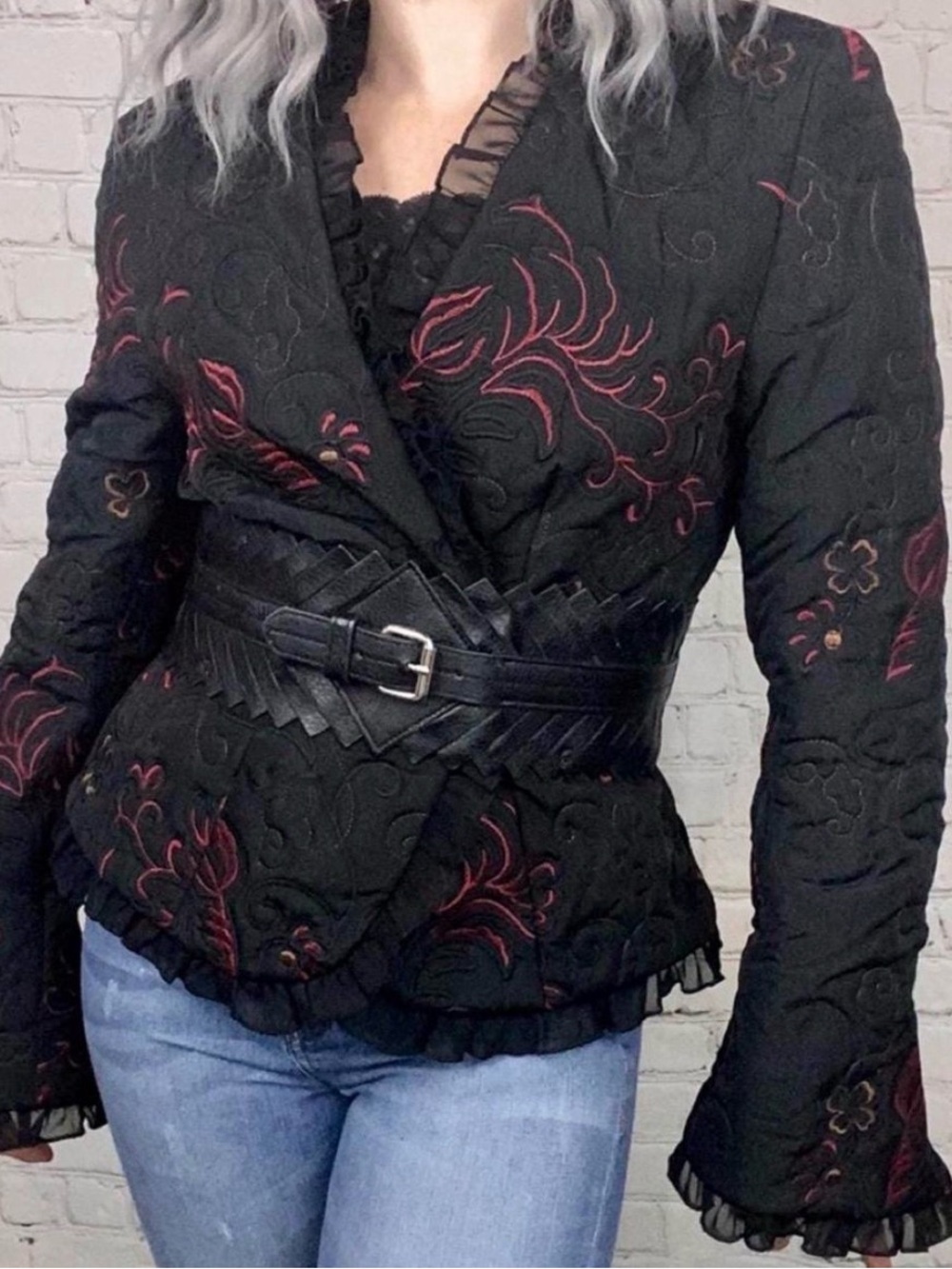 Vintage Black Red Quilted Floral Ruffle Jacket Small Medium